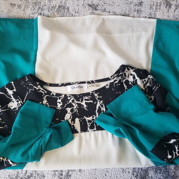 Calvin Klein Blouse Turquoise Black White 3/4 Sleeve - Picture 7 of 13